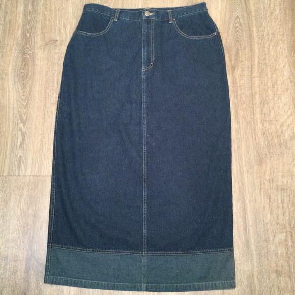 Y2K Long Denim Western Cowgirl Skirt Contrasting hem Pockets Button & Zip 14 - Picture 1 of 5
